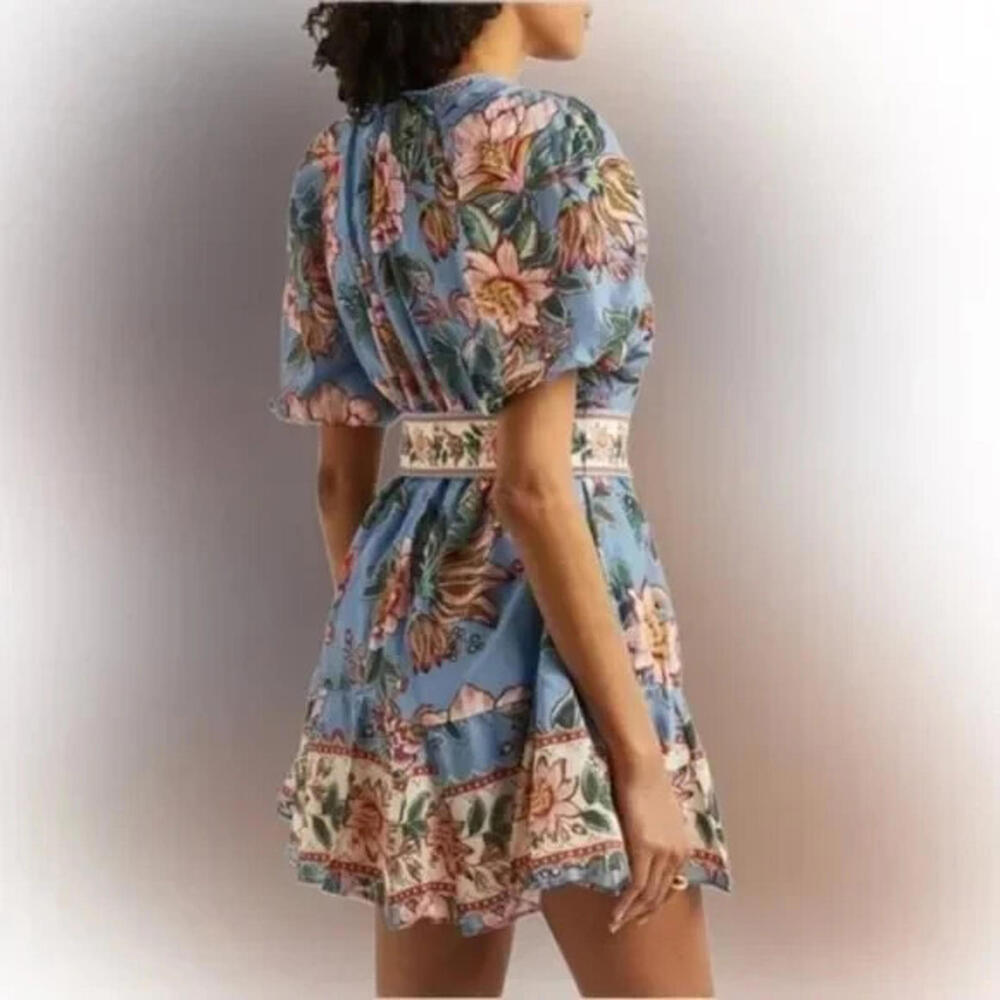 Joie Womens Round Neck Short Sleeves Button Down Belted Mini Floral Dress Size 4